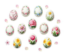 Decorative easter eggs with floral designs spring garden isolated on transparent background