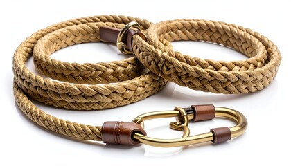 Woven rope belt with leather accents and a metal clasp, white backdrop