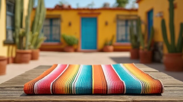 Colorful Mexican Blanket Displayed on Rustic Table Against Vibrant Background in a Charming Courtyard Setting