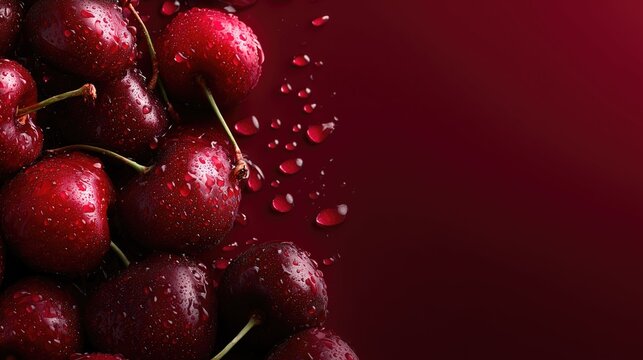 Fresh, vibrant cherries on a dark red background, perfect for healthy eating content marketing and culinary branding.