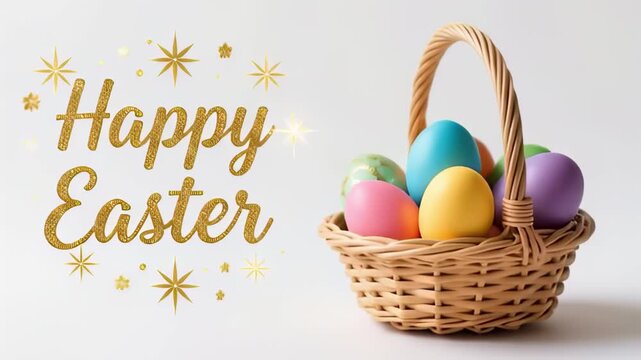 Colorful Easter eggs in wicker basket with Happy Easter text