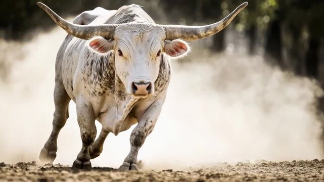 A charging bull with large horns kicks up dust, with details of its speckled coat