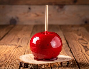 Glossy, red treat on a wooden platter with a stick. Wooden background