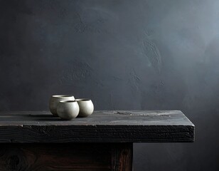 Three small ceramic vessels sit on a weathered wooden table