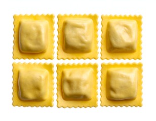 Six perfectly formed yellow pasta squares, top-down view, white background