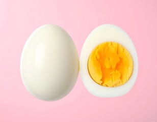 Whole and halved hard-boiled eggs against a soft pink backdrop