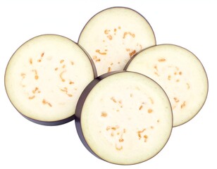 Four circular slices of a vegetable with purple skin and cream interior