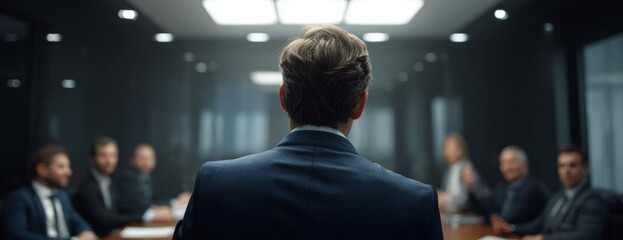 Businessman presenting to his team in dark boardroom setting 