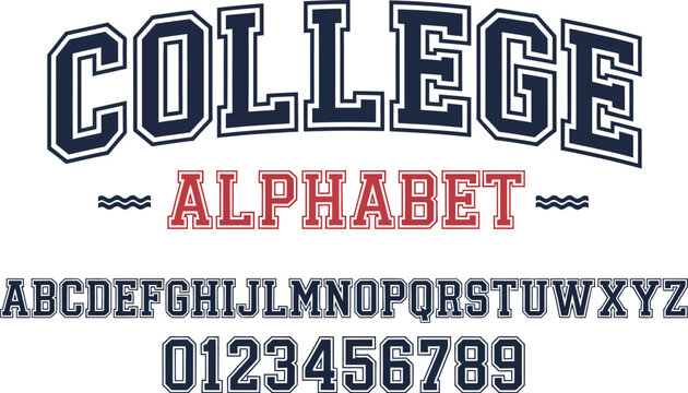 College Alphabet Font in Blue and Red letters numbers