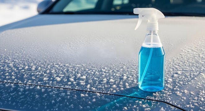 A powerful de-icing spray bottle resting on a frosty car hood, ready for essential winter car detailing and frost removal concept during cold weather