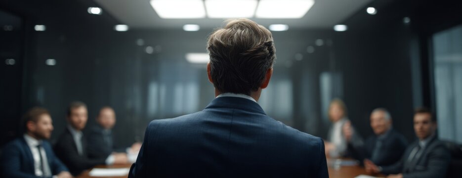 Businessman presenting to his team in dark boardroom setting  