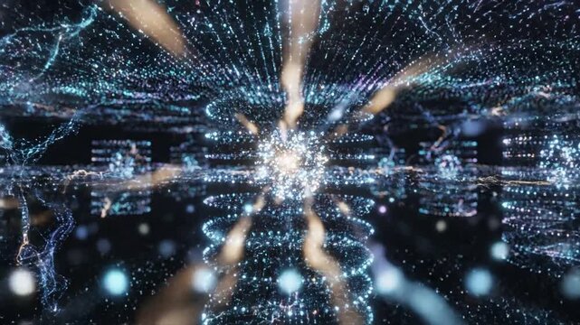Futuristic cinematic slow motion visualization of artificial intelligence technology featuring abstract glowing digital design with neural network patterns in 4K resolution ultra high definition