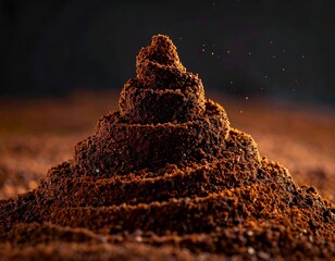 A close-up of a spiral-shaped mound of ground coffee beans