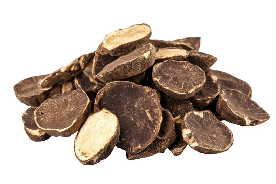 Pile of dried tinospora cordifolia root pieces isolated on transparent background. Tinospora cordifolia herb isolated on white background.
