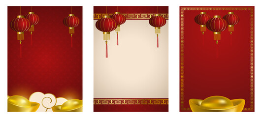 Obraz premium Set of three vertical Chinese New Year banners featuring red lanterns, gold ingots, and traditional decorative borders.