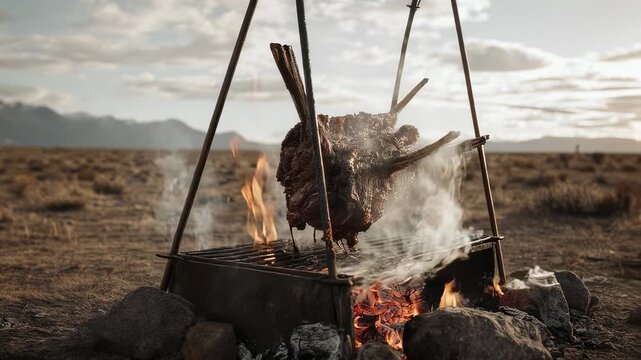 A large cut of meat is cooking over an open fire. Smoke and steam rise in a vast landscape