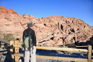 Man looking at red rocks at Calico Hills Trail. Red Rock Canyon. Nevada. USA.