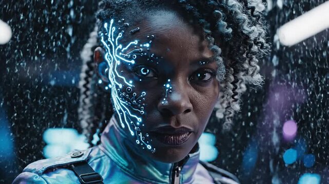 A cinematic slow motion portrait of a cybernetic woman featuring intricate glowing neon circuit patterns across her face as a futuristic robotic android entity in a dark digital atmosphere