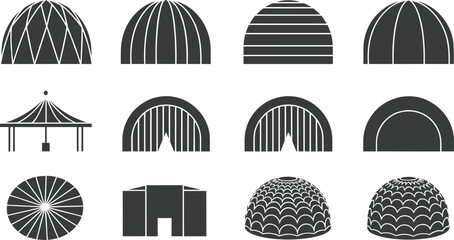 Dome roof silhouette icon set featuring pavilion tent igloo stadium and curved architectural structure designs © Mostafijur