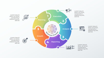 Five step circular business process infographic diagram design. Vector illustration. Perfect for visualizing workflow cycles, project development, and strategic planning.