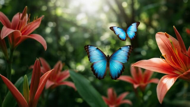 Morpho Butterfly among Orange Lilies in Green Forest with Bokeh Sunlight Creating a Dreamy Scene of Natural Beauty and Serenity