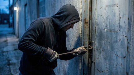 Fototapeta premium Individual in dark hoodie using crowbar to break into a metal door at night, showcasing the act of burglary in an urban alley with dim lighting and gritty surroundings