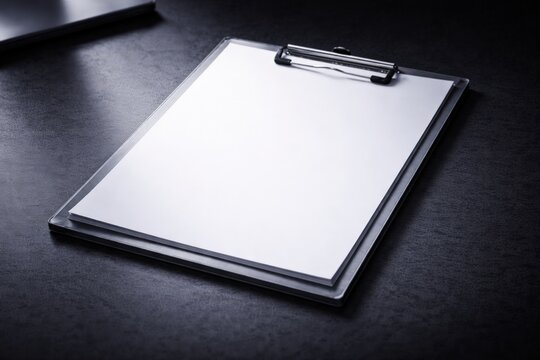 Close-up of a clipboard holding a stack of blank white paper on a dark textured surface. Minimal office or workspace setup with copy space for design or branding.