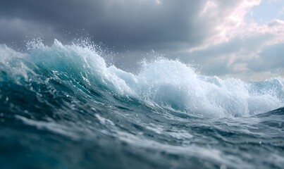 Fototapeta premium a massive ocean wave rising in the open sea, powerful water motion with detailed foam and spray, deep blue ocean with turquoise highlights, dramatic cloudy sky with cinematic sunlight breaking through