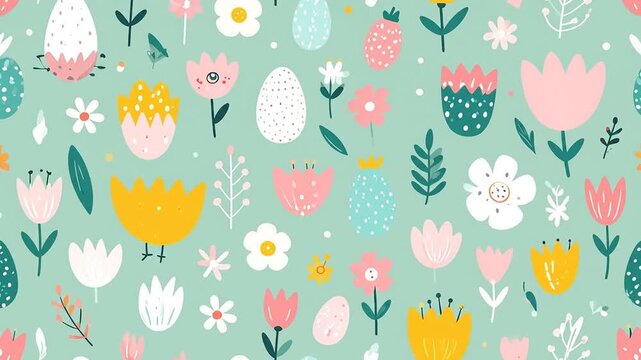 A cheerful illustration of an Easter-themed pattern, featuring colorful stylized flowers and eggs on a pastel background