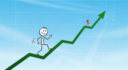 Stick figure climbing green arrow graph towards success.
