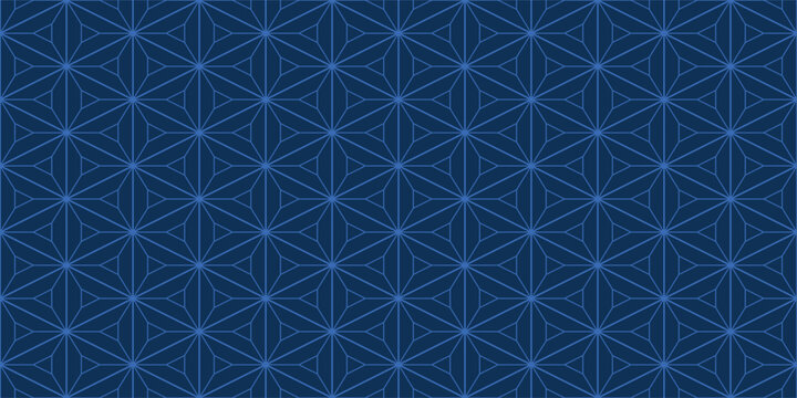 Seamless Japanese Asanoha pattern. Traditional geometric blue vector background, ideal for textile prints, apparel, bandanas, gift wrapping paper, and elegant wallpaper design.
