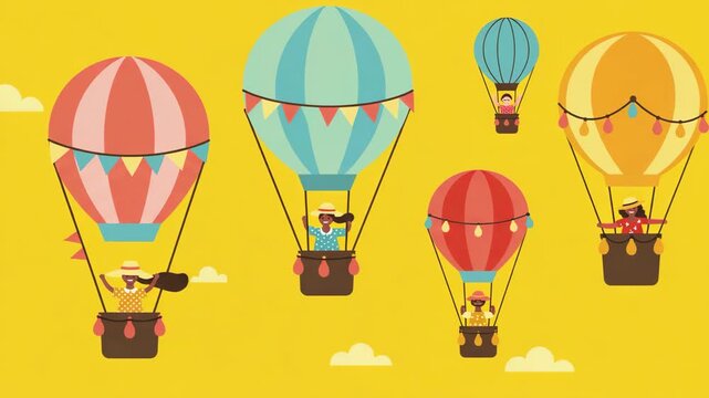 Women in Colorful Hot Air Balloons Soaring Over Yellow Sky