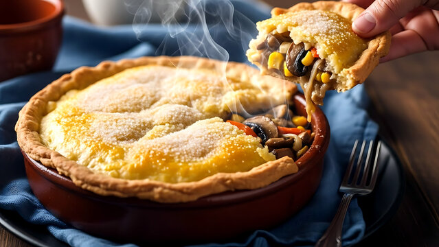 authentic Chilean pastel de choclo con hongos (corn and mushroom pie), the golden, crusty corn topping sprinkled with sugar, the savory mushroom, vegetable filling 