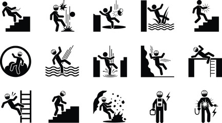 Naklejka premium Workplace accident and safety hazard silhouette icon set showing falls electrocution slips explosions and industrial risks