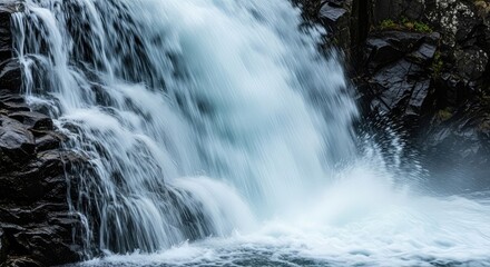 Fresh water flows in a nature cascade over river stones creating a scenic mountain forest landscape with a cold winter stream motion in the park