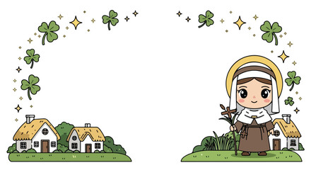 Fototapeta premium Cute saint brigid frame with shamrocks and irish cottages border.