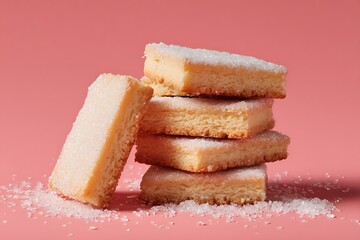 A pastel-colored background with a stack of shortbread cookies dusted with sugar, crisp edges and soft buttery texture highlighted