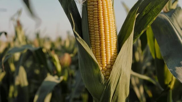 Close-up of a corn cob within green leaves, fields blurred in background