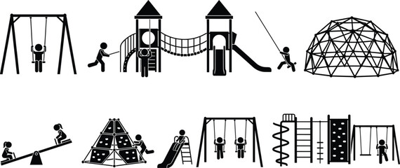 Playground equipment silhouette set with swings slides climbing frames seesaw rope net and children play structures © Mostafijur