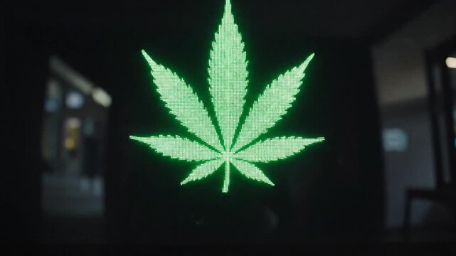 Cinematic slow motion footage of a sleek modern computer monitor displaying a green eco-friendly leaf symbol on the screen, representing sustainable technology and environmental protection.