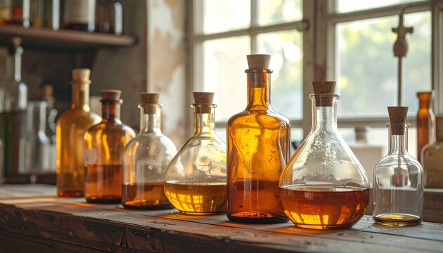 Rustic collection of amber and clear glass bottles, liquids illuminated by natural light on a wooden counter, evoking traditional remedies and artisanal craft