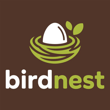Bird nest logo with egg and leaves on brown background icon