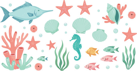 Cute underwater sea life illustration set with fish starfish shells coral seahorse and ocean elements © Mostafijur