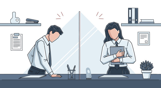 Two office workers are separated by a protective barrier in a modern workspace, illustrating new safety protocols and social distancing in a contemporary business environment.