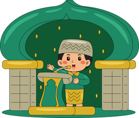 Muslim Boy Speaking at Podium Mosque Vector Illustration