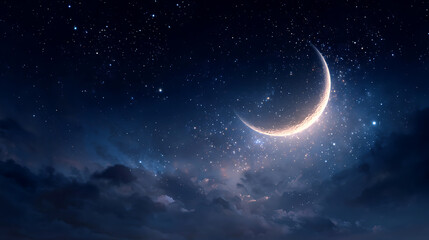 Fototapeta premium A serene night sky with a crescent moon shining brightly among the stars and clouds.