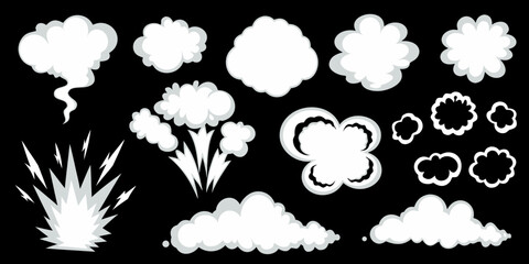 Collection of diverse white cloud and smoke puff illustrations on black © Ajay