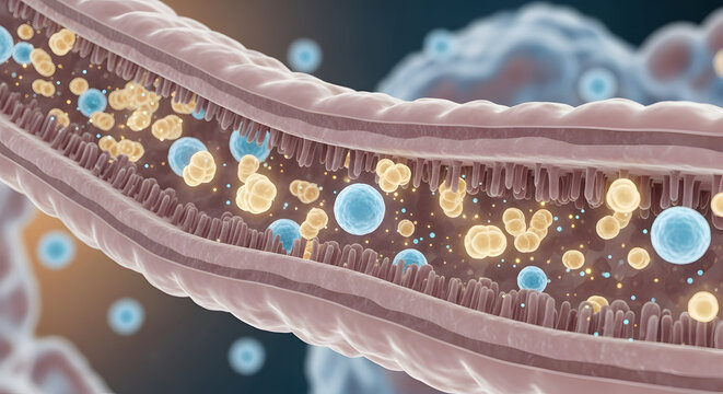 Vivid three dimensional scientific illustration showing a microscopic cross section of an active human intestinal wall with intricate villi absorbing numerous distinct golden yellow nutrient