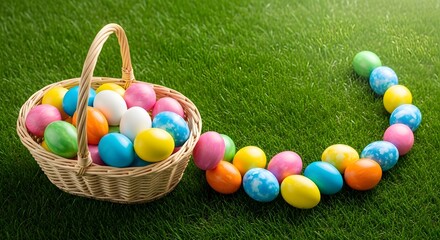 Easter eggs in a basket on grass