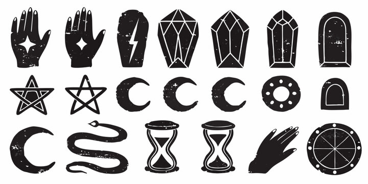Collection of mystical symbols including hands crystals and esoteric shapes